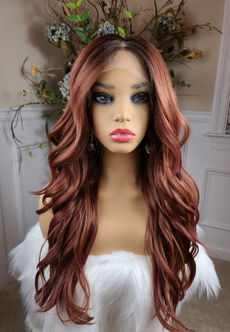 "Lexie" Wig - HD Lace Front, Human Blend, Deep Middle Shiftable Part, Brown & Autumn highlights with brown root, Long & Wavy