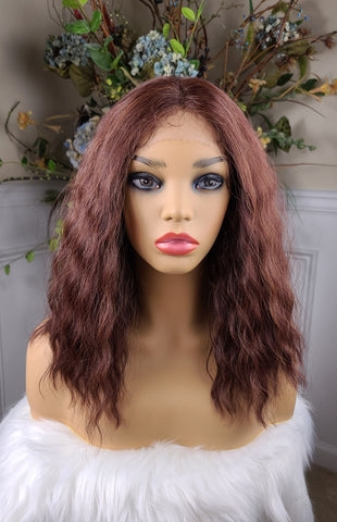 "Ciara" Wig - Lace Front, Human Blend, Deep Middle Part, Shoulder Length, Medium Brown root to tip, Crimped Curl