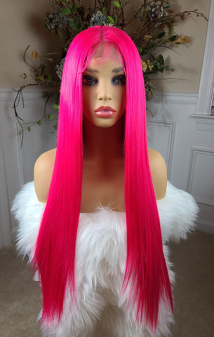 "Jem" Wig - Lace Front, Neon Pink root to tip, Long & Straight