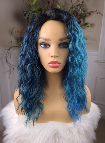 "Alyssa" Wig - No Lace, Blue & Teal with black root, Right Part, Medium length & Curly ( DISCONTINUED)