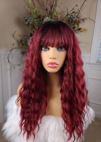 "Miranda" Wig - No Lace, Bang Unit, Human Blend, Burgundy with black root, Long & Wavy