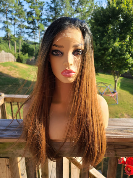 "Hazel" Wig - HD Lace Front, Human Blend, 13x7 Free Part, Hazelnut Brown with black root, Long & Straight