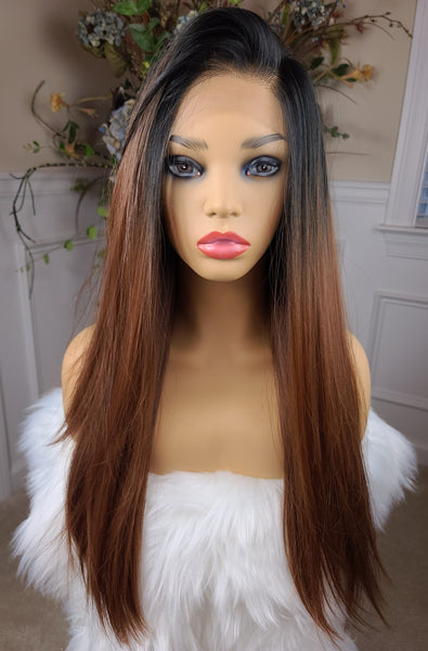 "Hazel" Wig - HD Lace Front, Human Blend, 13x7 Free Part, Hazelnut Brown with black root, Long & Straight