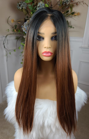 "Hazel" Wig - HD Lace Front, Human Blend, 13x7 Free Part, Hazelnut Brown with black root, Long & Straight