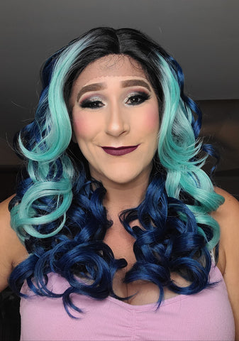 "Hilda" Wig - Lace Front, Human Blend, Teal & Blue with black root, Mid Length & Curly