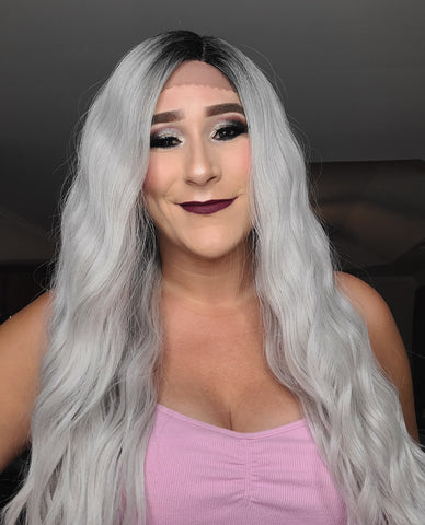 "Priscilla" Wig - Lace Front, Human Blend, Deep Middle Shiftable Part, Platinum Silver with black roots, Long & Wavy