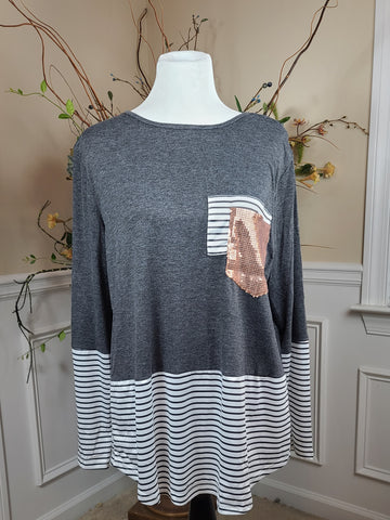 Sequined Pocket with Stripes Long Sleeve Top