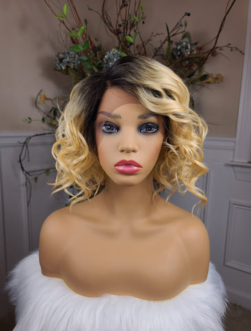 “Casey” Wig - Lace Front wig, human-blend, short & curly, dark brown root with blonde