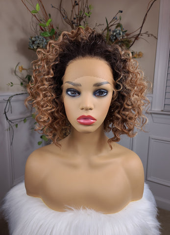 "Sandy" Wig - HD Lace Front, Human Blend, 13x7 Free Part, Caramel highlights with brown root, Short with kinky curls