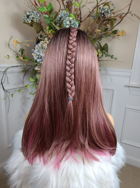 "Lisa" - free part, human blend, with braids that come out, medium length, straight (Black root, brown with pink underneath)