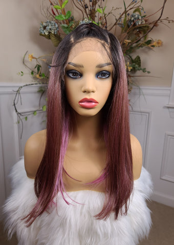 "Lisa" - free part, human blend, with braids that come out, medium length, straight (Black root, brown with pink underneath)