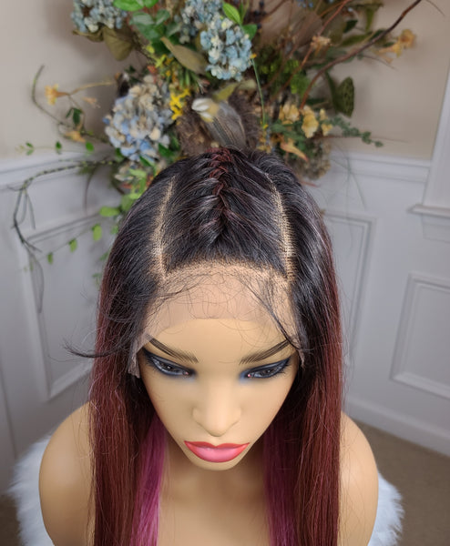 "Lisa" - free part, human blend, with braids that come out, medium length, straight (Black root, brown with pink underneath)