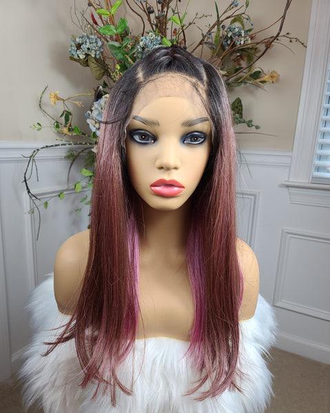 "Lisa" - free part, human blend, with braids that come out, medium length, straight (Black root, brown with pink underneath)