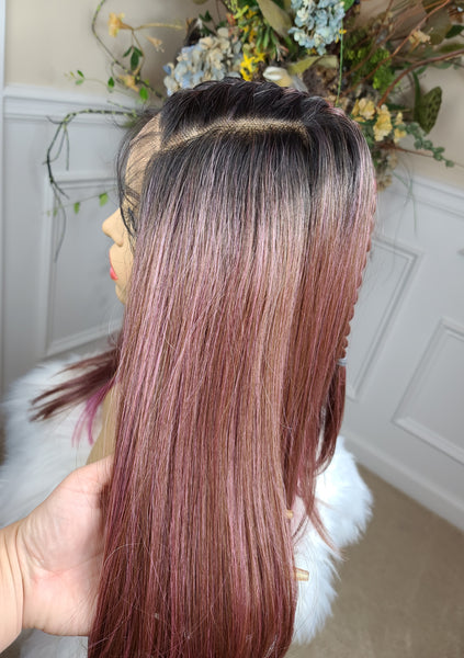 "Lisa" - free part, human blend, with braids that come out, medium length, straight (Black root, brown with pink underneath)