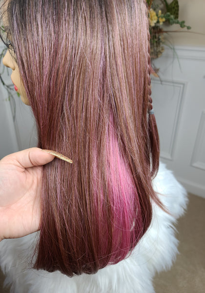 "Lisa" - free part, human blend, with braids that come out, medium length, straight (Black root, brown with pink underneath)