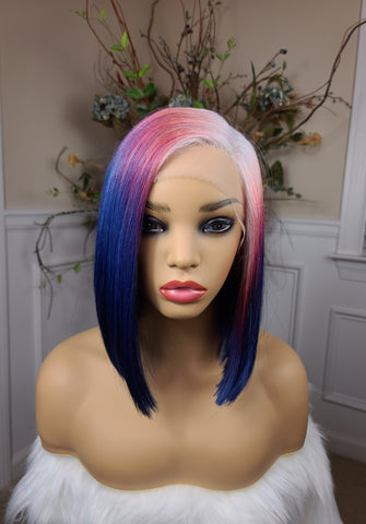 "Star"- Lace Front, Human Blend, Left Part, Fade into Pink Orange Purple & Blue ends, White root, Short & Straight