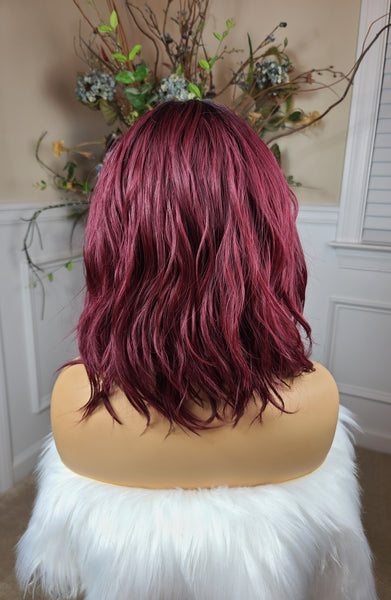 "Sue" Wig - Bang Unit, Cherry Burgundy with dark root, Short & Wavy