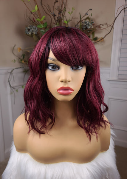 "Sue" Wig - Bang Unit, Cherry Burgundy with dark root, Short & Wavy