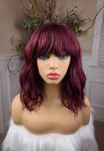 "Sue" Wig - Bang Unit, Cherry Burgundy with dark root, Short & Wavy