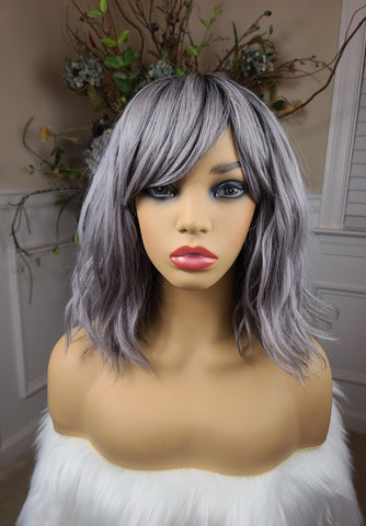 "Reese" Wig - No Lace, Bang Unit, Silver with black root, Short & Wavy