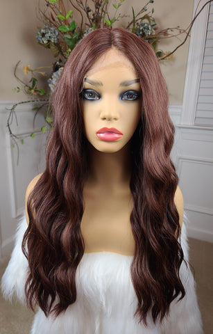 "Margarita" Wig - Lace Front, Human Blend, Deep Middle Shiftable Part, Chocolate Brown root to tip, Long & Wavy