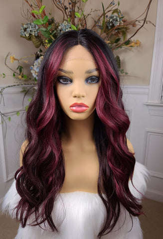 "Susan" Wig - Lace Front, Human Blend, Deep Middle Shiftable Part, Burgundy Cherry with black root, Long & Wavy