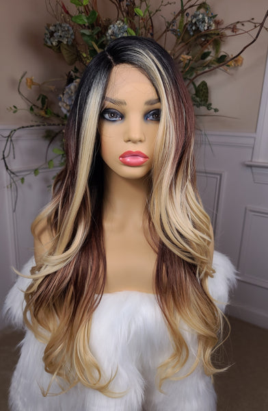 "Giselle" Wig - Lace Front, Human Blend, Deep Middle Shiftable Part, Brown & Blonde highlights, black root, Long & Wavy