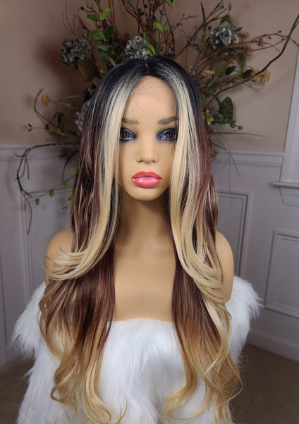 "Giselle" Wig - Lace Front, Human Blend, Deep Middle Shiftable Part, Brown & Blonde highlights, black root, Long & Wavy