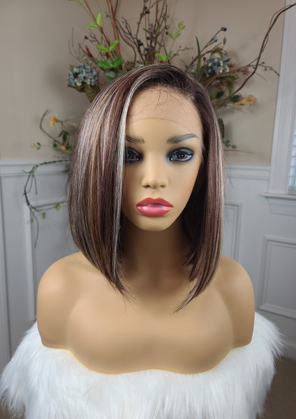 "Tisha" Wig - HD Lace Front, Human Blend, Free Part, Brown & Blonde highlights, Brown root, Short & Straight