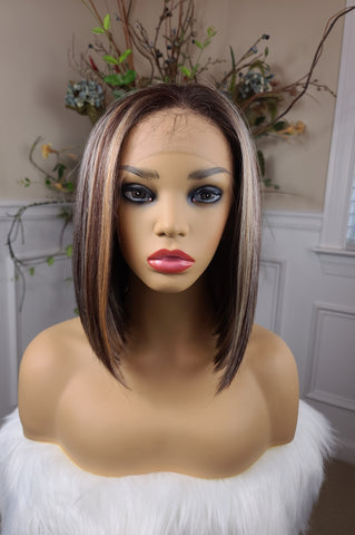 "Tisha" Wig - HD Lace Front, Human Blend, Free Part, Brown & Blonde highlights, Brown root, Short & Straight