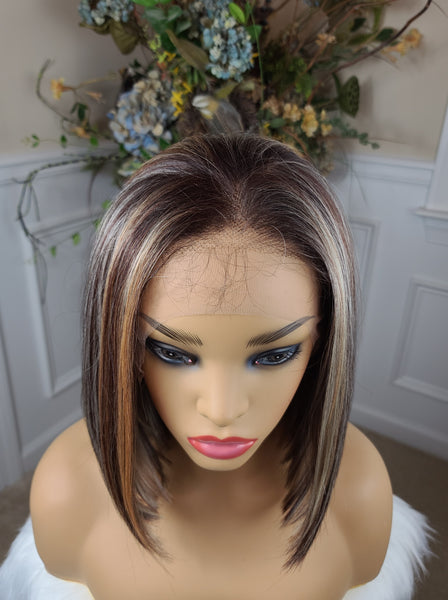 "Tisha" Wig - HD Lace Front, Human Blend, Free Part, Brown & Blonde highlights, Brown root, Short & Straight