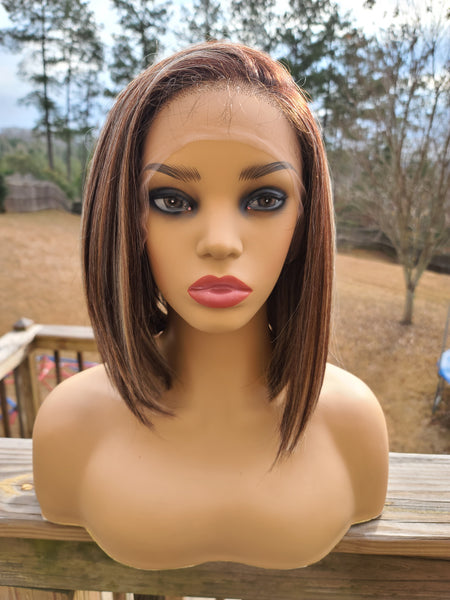 "Tisha" Wig - HD Lace Front, Human Blend, Free Part, Brown & Blonde highlights, Brown root, Short & Straight