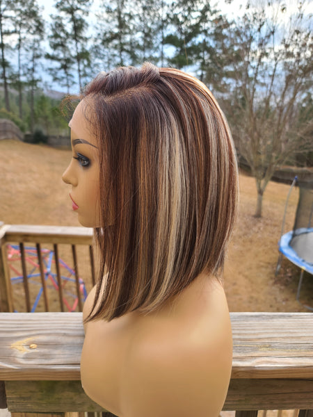 "Tisha" Wig - HD Lace Front, Human Blend, Free Part, Brown & Blonde highlights, Brown root, Short & Straight