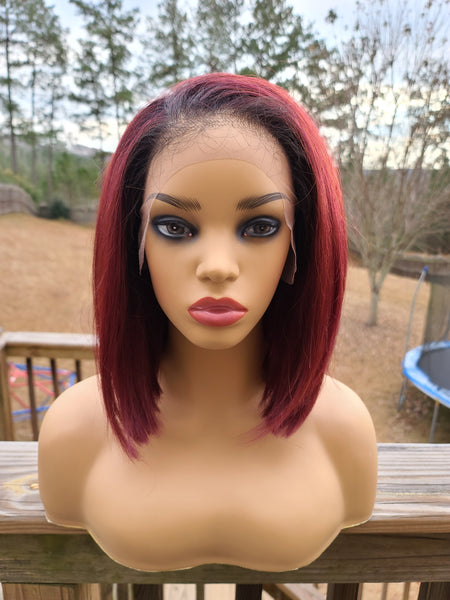 “Tisha” Wig - HD Lace Front, Human Blend, Free Part, Cinnamon Burgundy, Black root, Short & Straight