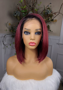 “Tisha” Wig - HD Lace Front, Human Blend, Free Part, Cinnamon Burgundy, Black root, Short & Straight