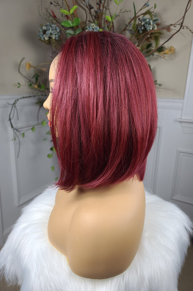 “Tisha” Wig - HD Lace Front, Human Blend, Free Part, Cinnamon Burgundy, Black root, Short & Straight