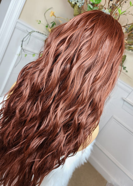 "Korrin" Wig - Human Blend, Free Part, 360, Autumn Brown root to tip, Long & Wavy