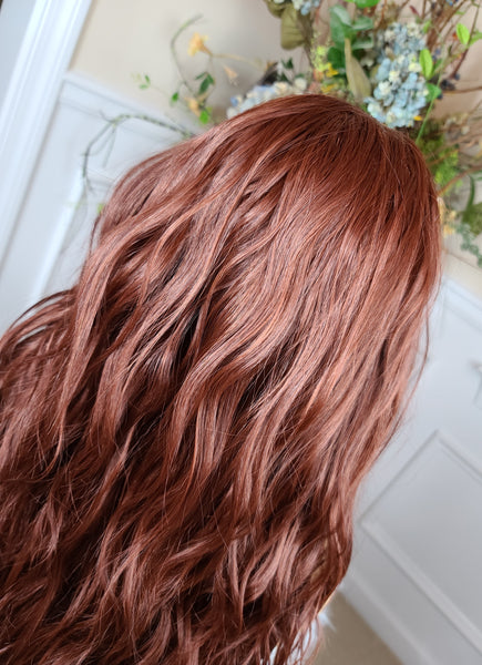 "Korrin" Wig - Human Blend, Free Part, 360, Autumn Brown root to tip, Long & Wavy