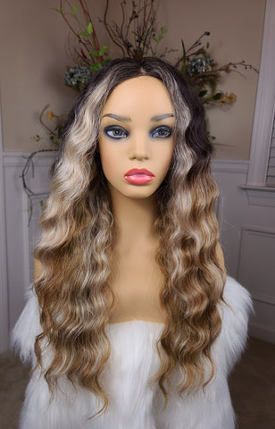 "Latte" Wig- no lace, human blend, deep middle shiftable part, long & wavy (blonde & caramel highlights with a dark brown root)