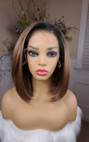 "Tia"- HD Lace front wig, free part, human blend, short & straight (chocolate brown with some highlights with a black root)