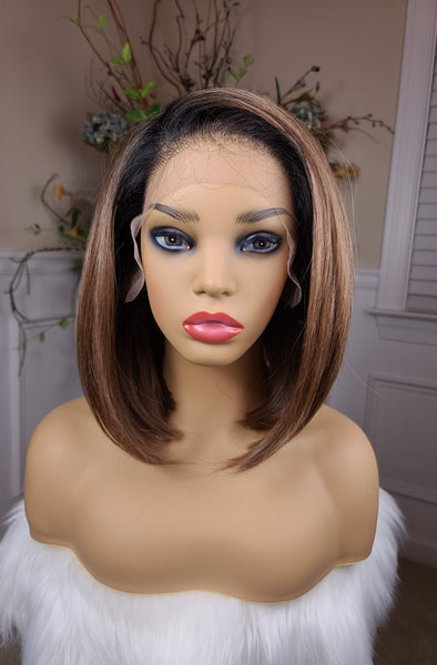 "Tia"- HD Lace front wig, free part, human blend, short & straight (chocolate brown with some highlights with a black root)