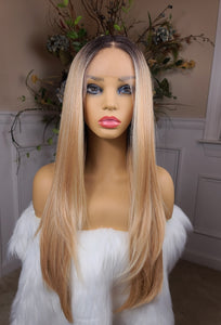 "Grey" - HD lace front wig, human blend, deep middle shiftable part, long & straight (golden blonde with highlights with a brown root)