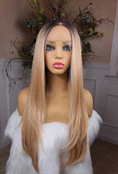 "Grey" - HD lace front wig, human blend, deep middle shiftable part, long & straight (golden blonde with highlights with a brown root)