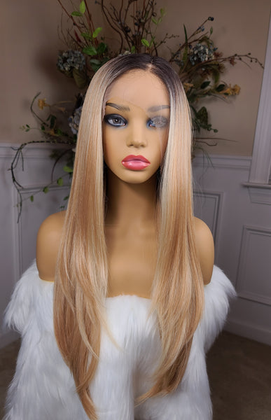 "Grey" - HD lace front wig, human blend, deep middle shiftable part, long & straight (golden blonde with highlights with a brown root)