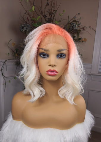 "Orange Burst" - hd lace front, free part, human blend, short & wavy ( platinum white blonde with an orange root)