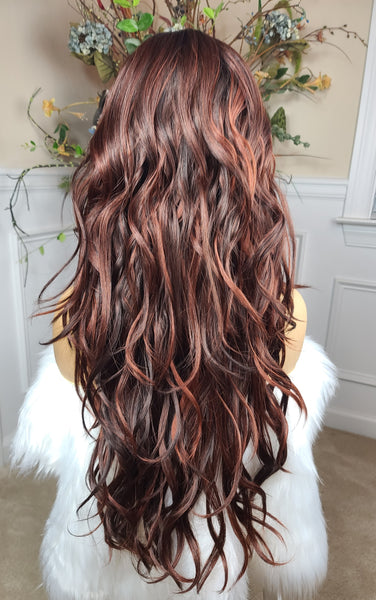 "Kit Kat" - hd lace front wig, human blend, deep middle shiftable part, long & wavy ( autumn brown with dark brown root)