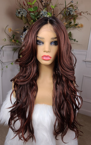 "Kit Kat" - hd lace front wig, human blend, deep middle shiftable part, long & wavy ( autumn brown with dark brown root)