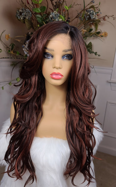 "Kit Kat" - hd lace front wig, human blend, deep middle shiftable part, long & wavy ( autumn brown with dark brown root)