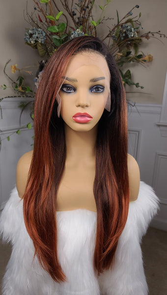 "Doreen"- HD lace front wig, free part, human blend, long & straight ( copper brown with dark brown root)