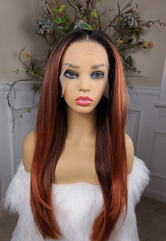 "Doreen"- HD lace front wig, free part, human blend, long & straight ( copper brown with dark brown root)